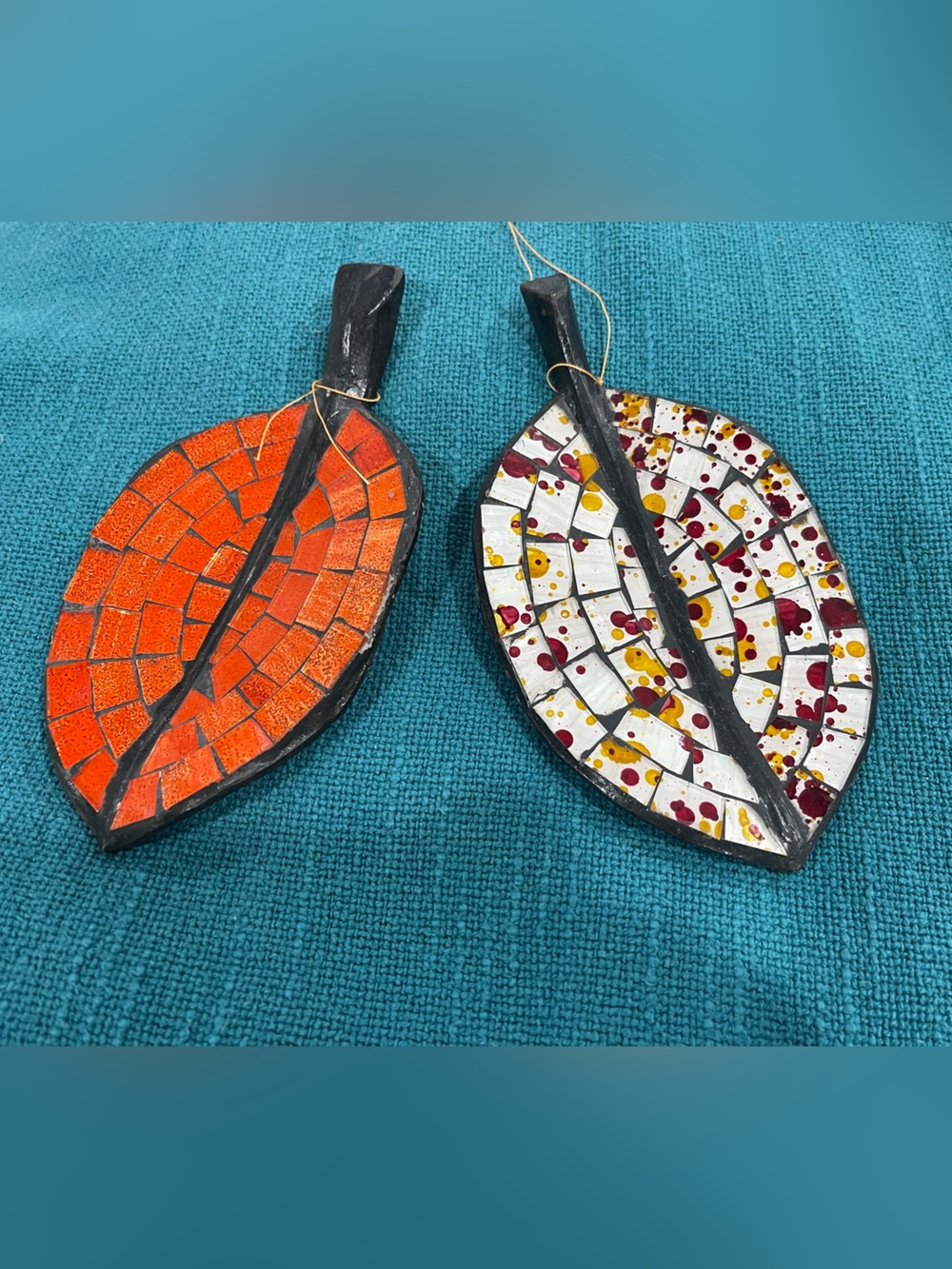 Handmade Mosaic Leaf Drop Earrings - Orange & White